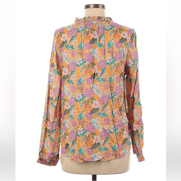 Nrvna Mode Madeline Floral Tie Blouse Mustard Yellow Viscose Size Medium - Picture 2 of 6